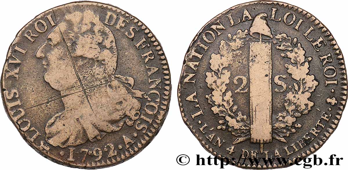 LOUIS XVI 2 sols dit &nbsp;au faisceau&nbsp;, type FRANÇOIS 1792 Paris q.BB