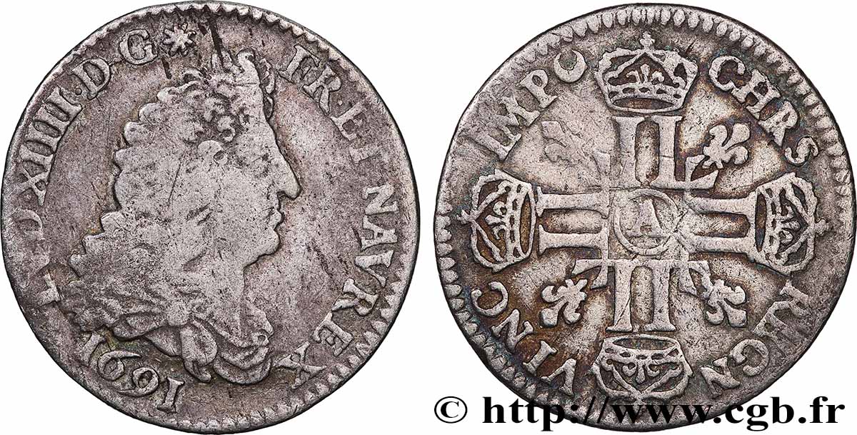 LOUIS XIV &nbsp;THE SUN KING&nbsp; Douzième d&nbsp;écu aux huit L, 1er type 1691 Paris fSS
