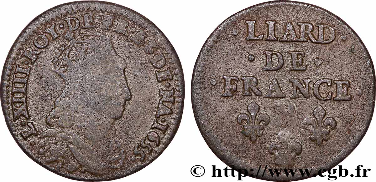 LOUIS XIV &nbsp;THE SUN KING&nbsp; Liard de cuivre, 2e type 1655 Pont-de-l’Arche S/fSS