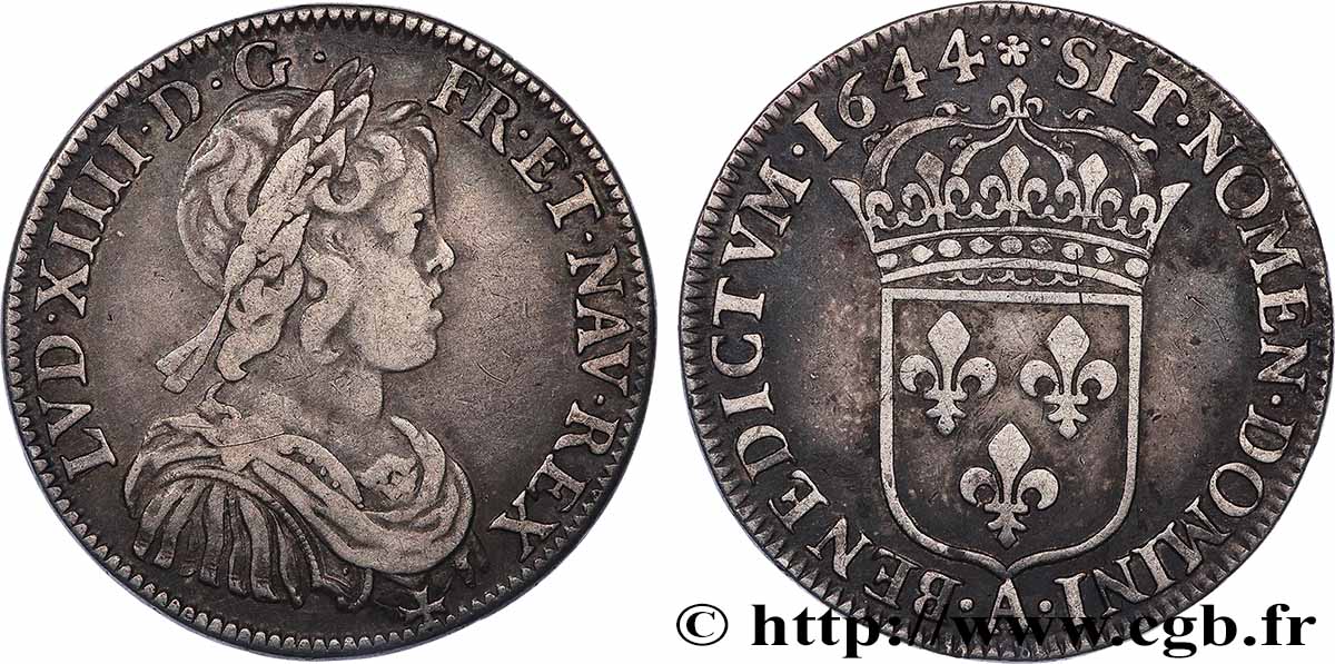 LOUIS XIV &nbsp;THE SUN KING&nbsp; Demi-écu, portrait à la mèche courte 1644 Paris, Monnaie de Matignon fSS/SS