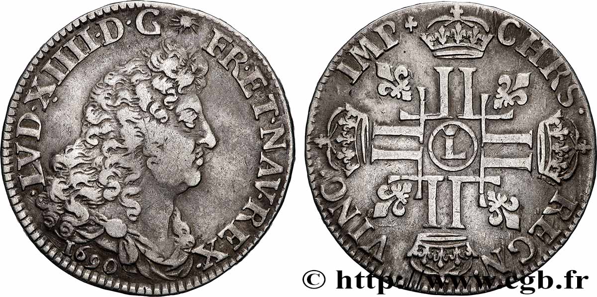 LOUIS XIV LE GRAND OU LE ROI SOLEIL Demi-écu aux huit L, 1er type 1690 Lille TB+