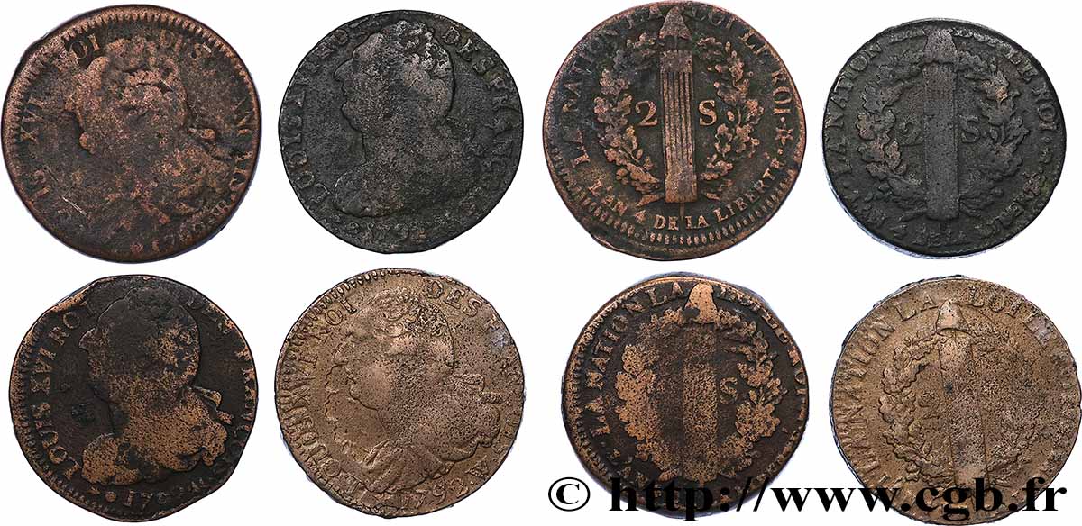 LOUIS XVI 2 sols dit &nbsp;au faisceau&nbsp;, types divers, lot de 4 ex. n.d. Ateliers divers lot