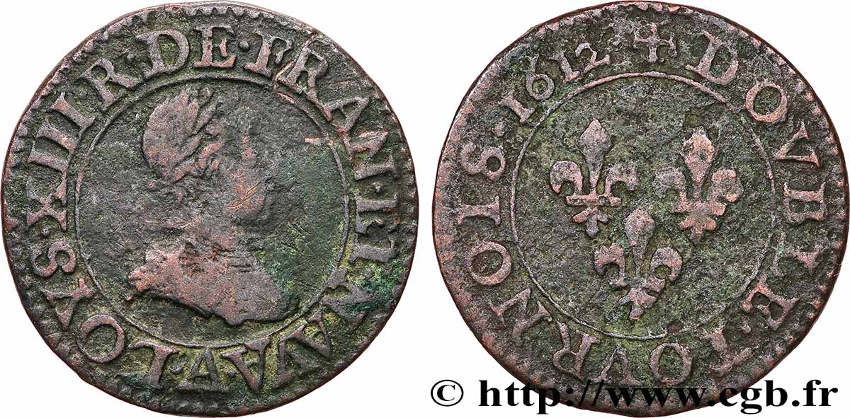 LOUIS XIII  Double tournois, type 1 1612 Paris, Moulin du Louvre SS/fVZ