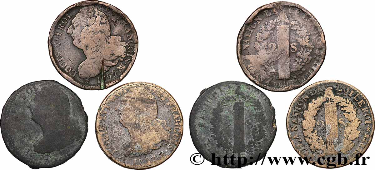 LOUIS XVI 2 sols dit &nbsp;au faisceau&nbsp;, types divers, lot de 3 ex. n.d. Ateliers divers lotto