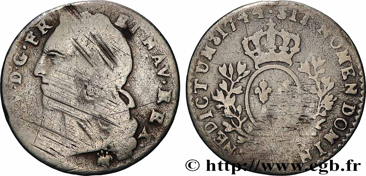 LOUIS XV DIT LE BIEN AIMÉ Dixième d&nbsp;écu aux branches d’olivier, tête ceinte d’un bandeau 1744 Reims B+