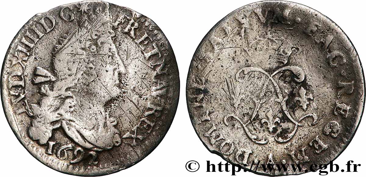 LOUIS XIV LE GRAND OU LE ROI SOLEIL Quatre sols aux deux L 1692 Paris TB