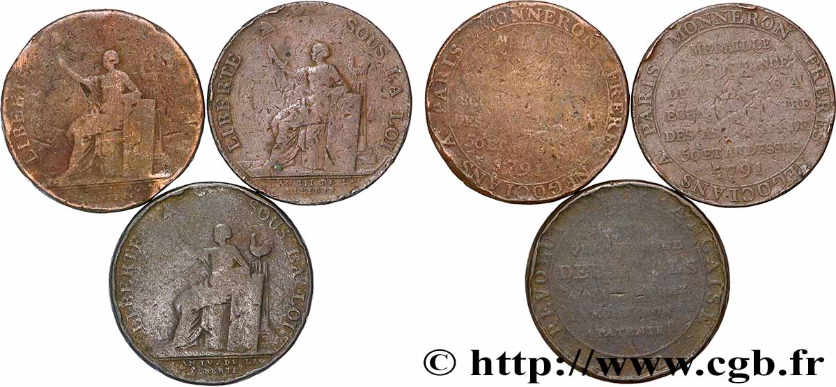 CONFIANCE (MONNAIES DE...) Monneron de 2 sols à la Liberté, lot de 3 ex. n.d. Birmingham, Soho Lot
