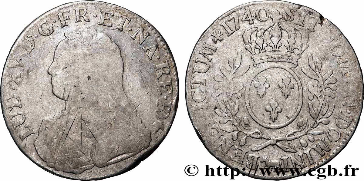 LOUIS XV DIT LE BIEN AIMÉ Écu aux branches d&nbsp;olivier, buste habillé 1740 Pau TB