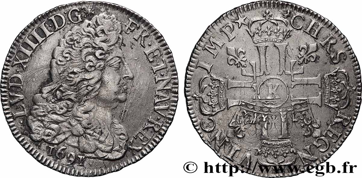 LOUIS XIV LE GRAND OU LE ROI SOLEIL Demi-écu aux huit L, 1er type 1691 Bordeaux TTB