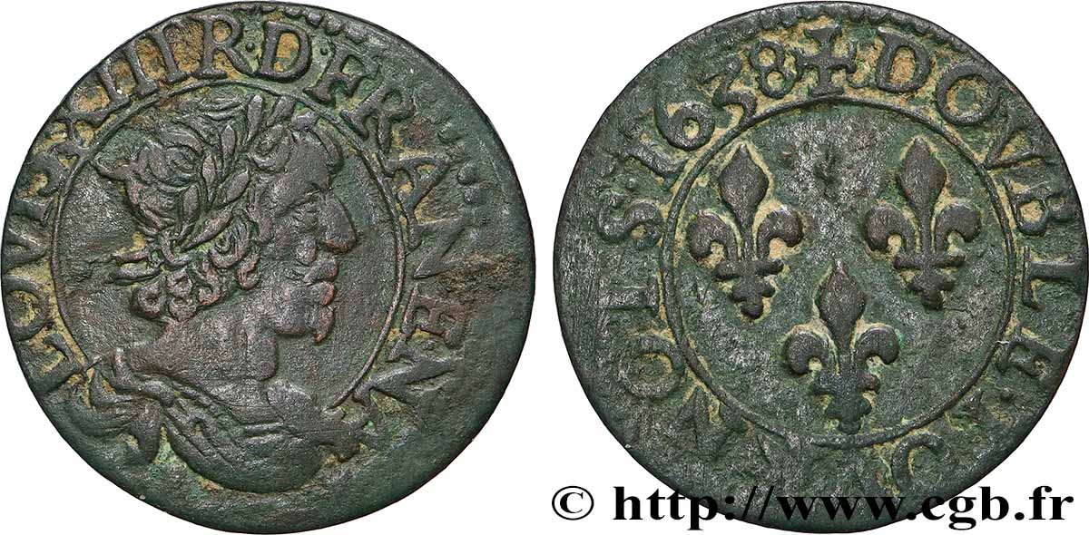 LOUIS XIII LE JUSTE Double tournois, type 12 1638 Tours TTB