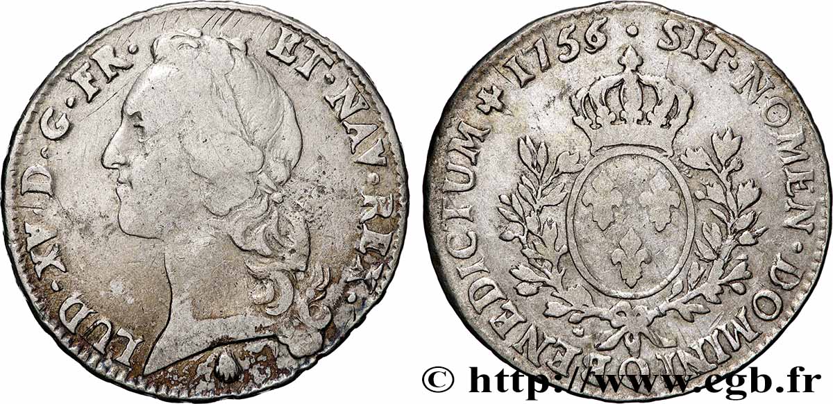 LOUIS XV DIT LE BIEN AIMÉ Écu aux branches d’olivier, tête ceinte d’un bandeau 1756 Perpignan TB+/TB