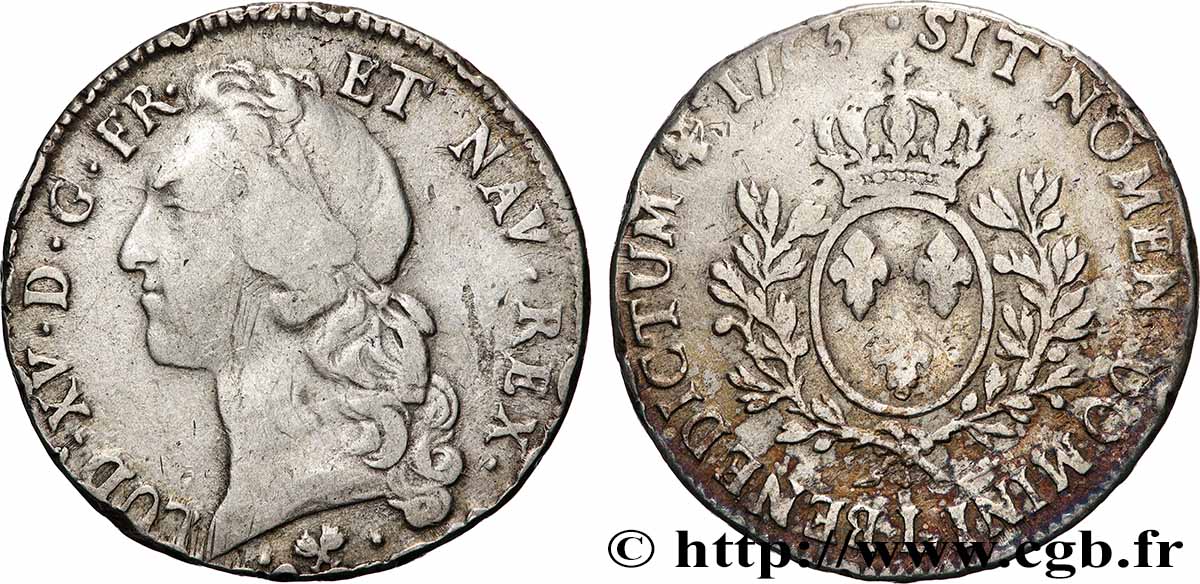 LOUIS XV DIT LE BIEN AIMÉ Écu aux branches d’olivier, tête ceinte d’un bandeau 1763 Bayonne TB+/TB