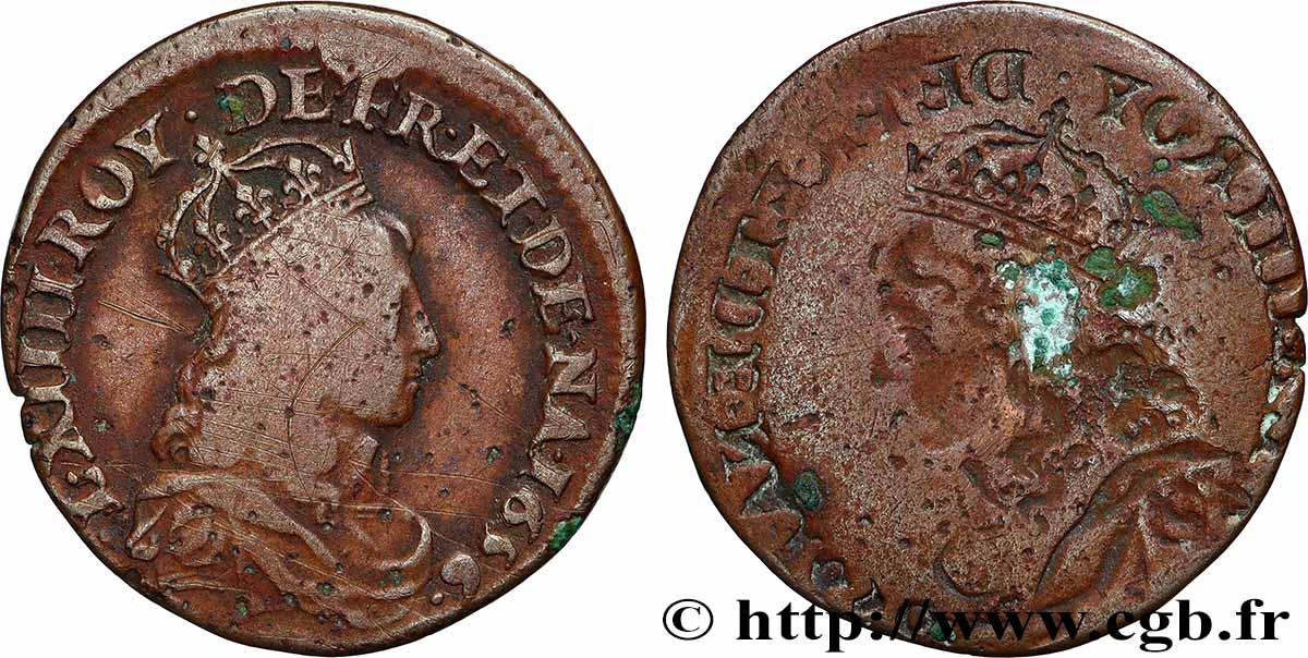 LOUIS XIV LE GRAND OU LE ROI SOLEIL Liard de cuivre 1656 Atelier indéterminé TB+