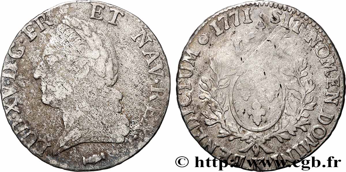 LOUIS XV DIT LE BIEN AIMÉ Écu aux branches d’olivier, buste lauré 1771 Bordeaux TB