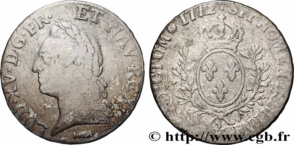 LOUIS XV DIT LE BIEN AIMÉ Écu aux branches d’olivier, buste lauré 1772 Bordeaux TB