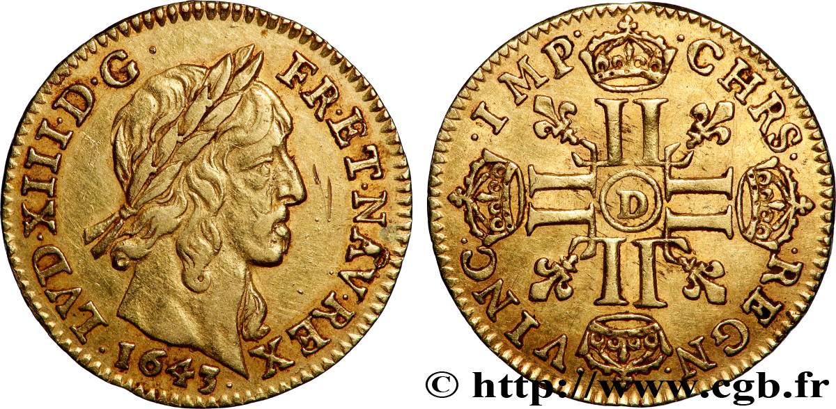 LOUIS XIII Demi-louis d&nbsp;or aux huit L (effigie de Jean Warin) 1643 Lyon AU
