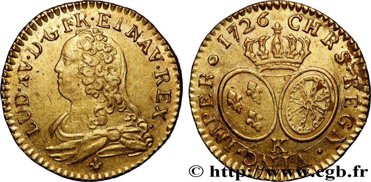 LOUIS XV THE BELOVED Louis d&nbsp;or aux écus ovales, buste habillé 1726 Bordeaux AU