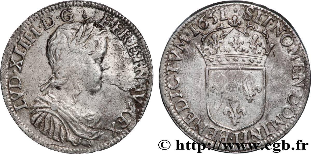 LOUIS XIV LE GRAND OU LE ROI SOLEIL Demi-écu, portrait à la mèche longue 1651 Limoges TB+