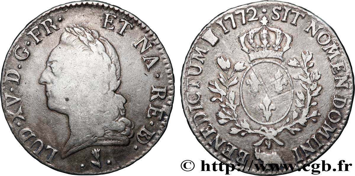 LOUIS XV DIT LE BIEN AIMÉ Écu aux branches d’olivier, buste lauré 1772 Pau TB