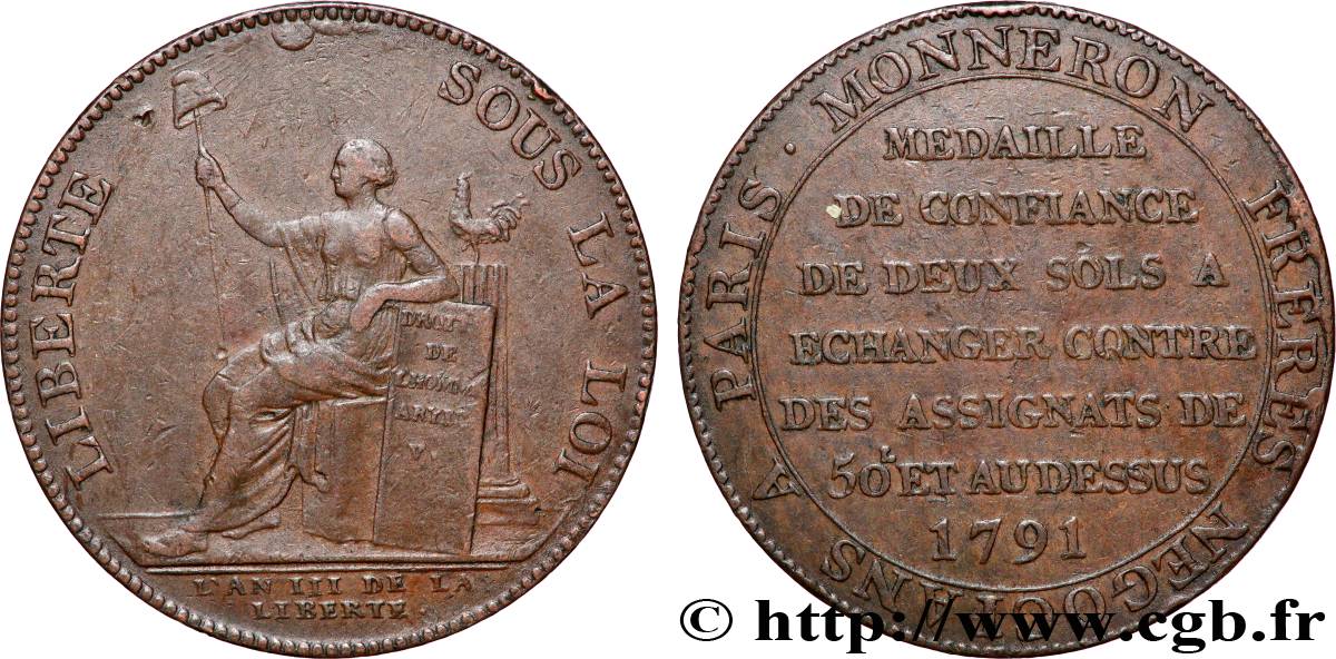 REVOLUTION COINAGE Monneron de 2 sols à la Liberté 1792 Birmingham, Soho fSS