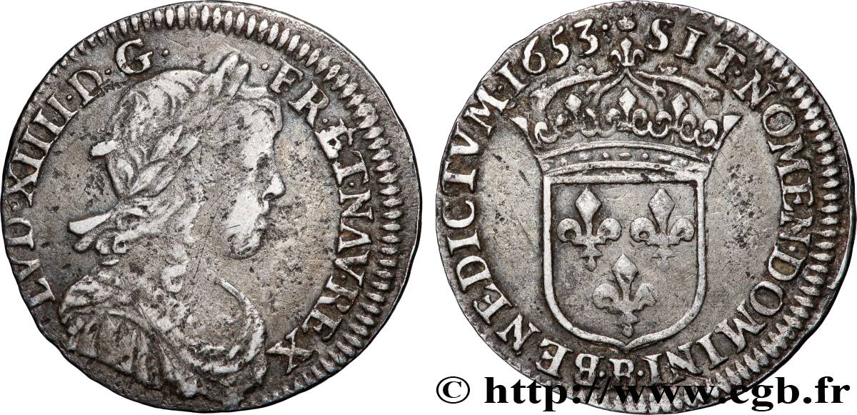 LOUIS XIV &nbsp;THE SUN KING&nbsp; Douzième d&nbsp;écu, portrait à la mèche longue 1653 Rouen F/XF