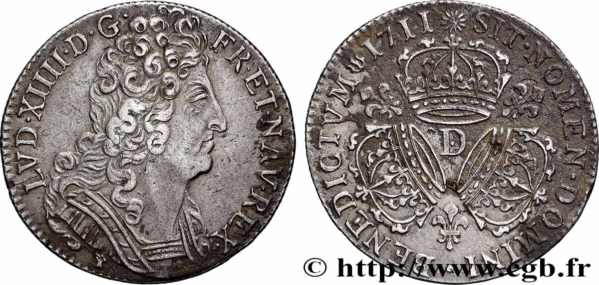 LOUIS XIV &nbsp;THE SUN KING&nbsp; Quart d&nbsp;écu aux trois couronnes 1711 Lyon SS