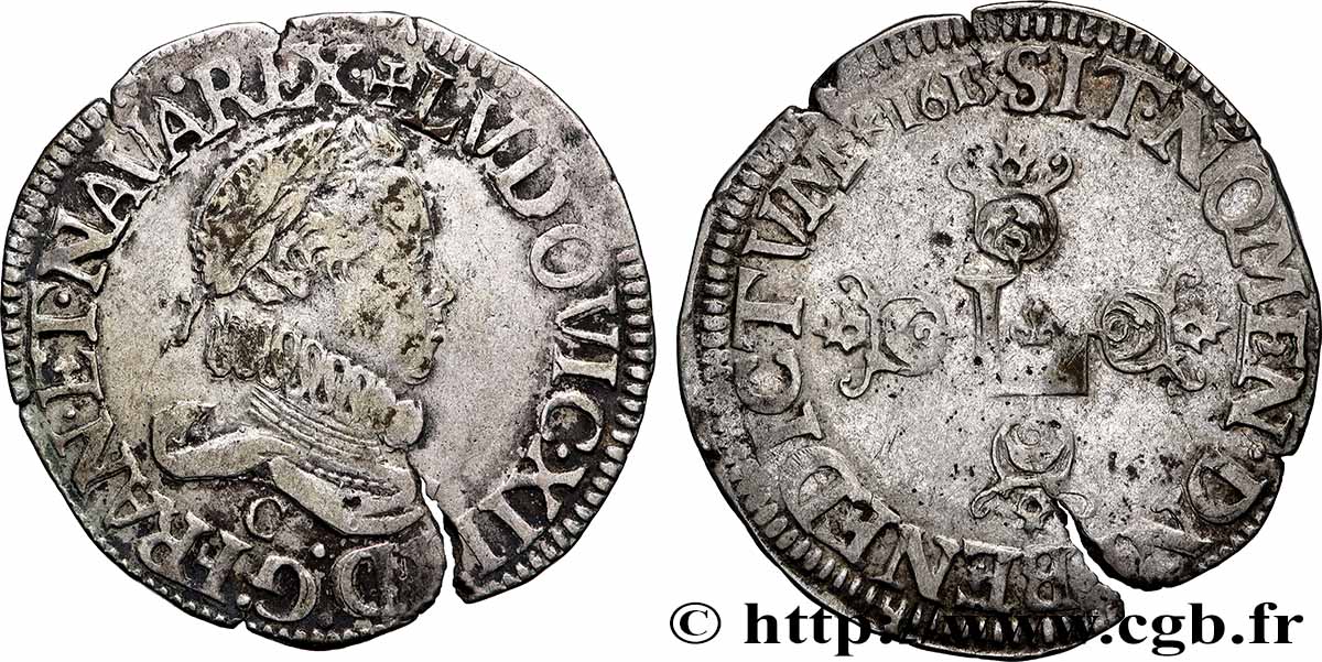 LOUIS XIII  Demi-franc au grand buste lauré et au col fraisé 1615 Saint-Lô q.BB
