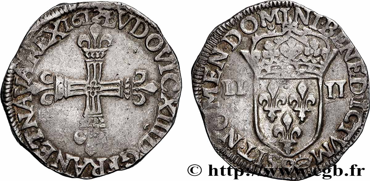 LOUIS XIII LE JUSTE Quart d&nbsp;écu, à la croix fleurdelisée, titulature côté croix 1612 Rennes TTB/TTB+