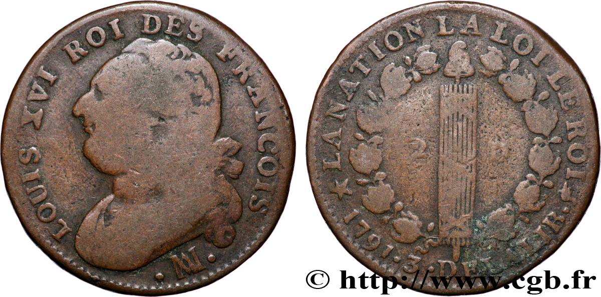 LOUIS XVI (MONARQUE CONSTITUTIONNEL)  12 deniers dit &nbsp;au faisceau&nbsp;, type FRANCOIS 1791 Marseille TB+