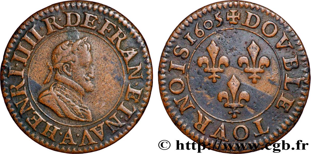 HENRI IV LE GRAND Double tournois, 1er type de Paris (légende française) 1605 Paris, Moulin des Étuves TTB/TTB+