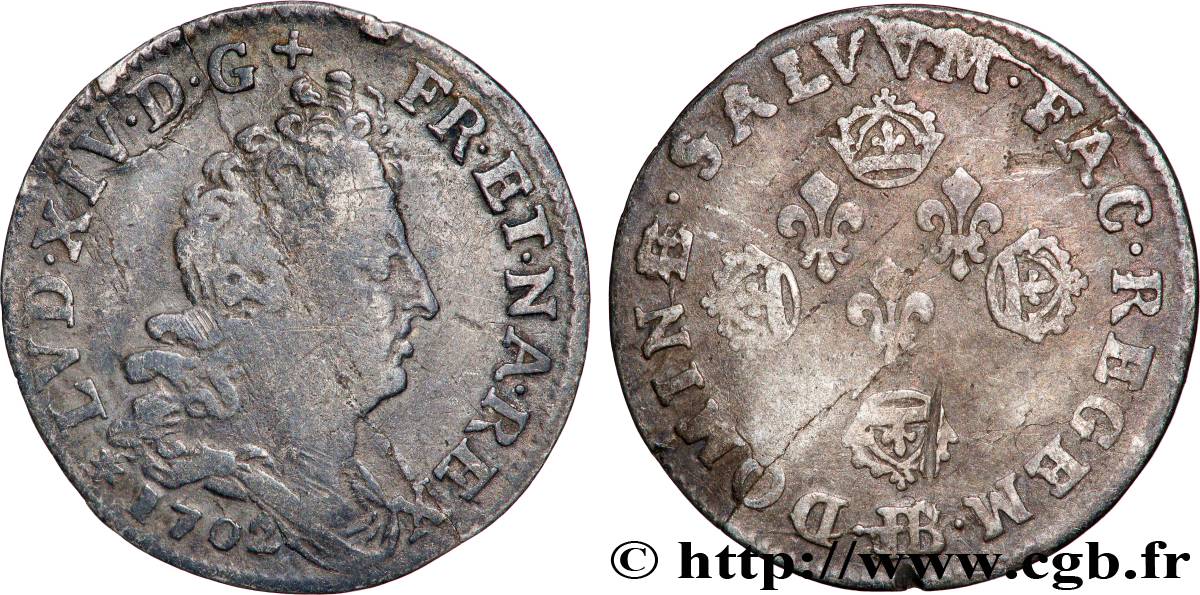 LOUIS XIV LE GRAND OU LE ROI SOLEIL Dix sols aux quatre couronnes 1702 Strasbourg TB+