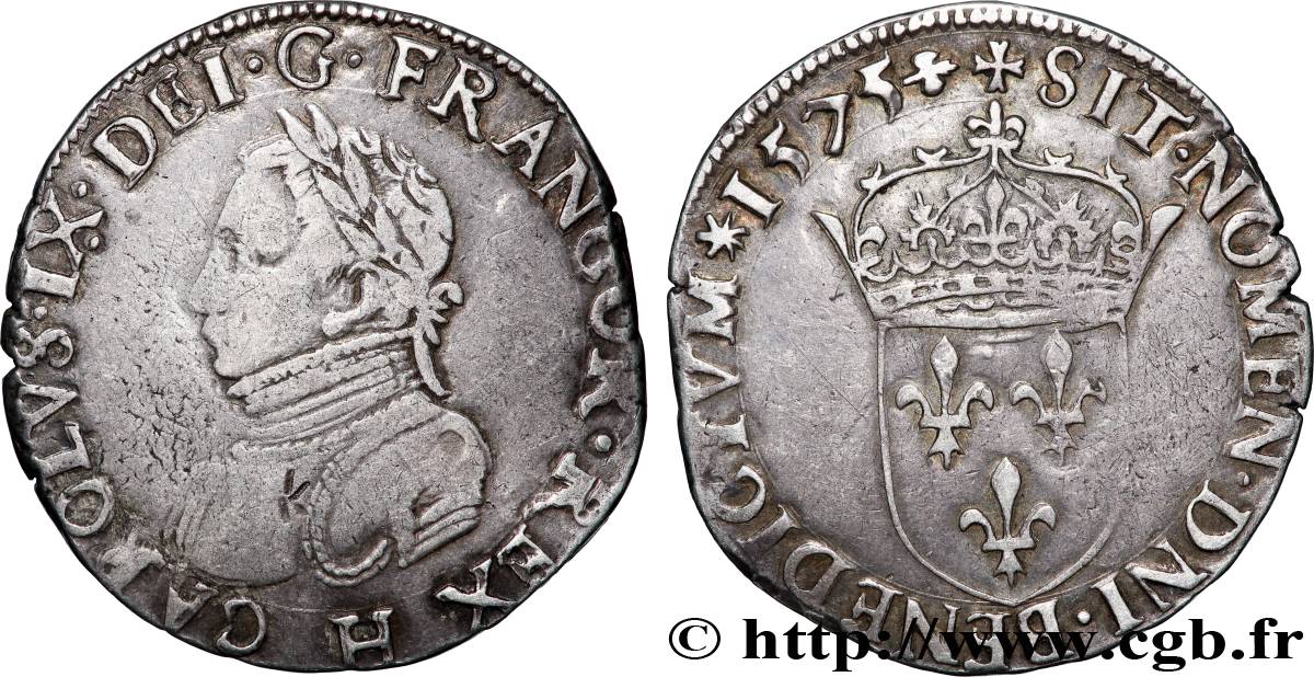 HENRI III. MONNAYAGE AU NOM DE CHARLES IX Teston, 11e type 1575 La Rochelle TTB/TTB+