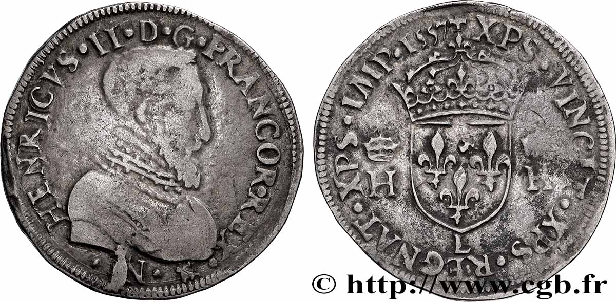 HENRI II Teston à la tête nue, 1er type 1557 Bayonne TB+/TTB