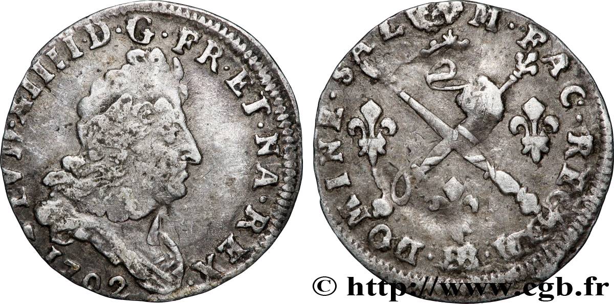 LOUIS XIV LE GRAND OU LE ROI SOLEIL Cinq sols aux insignes 1702 Strasbourg TB+