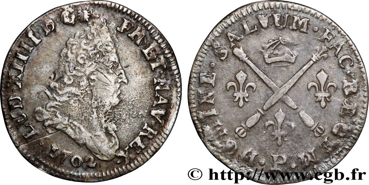 LOUIS XIV LE GRAND OU LE ROI SOLEIL Cinq sols aux insignes 1702 Dijon TTB