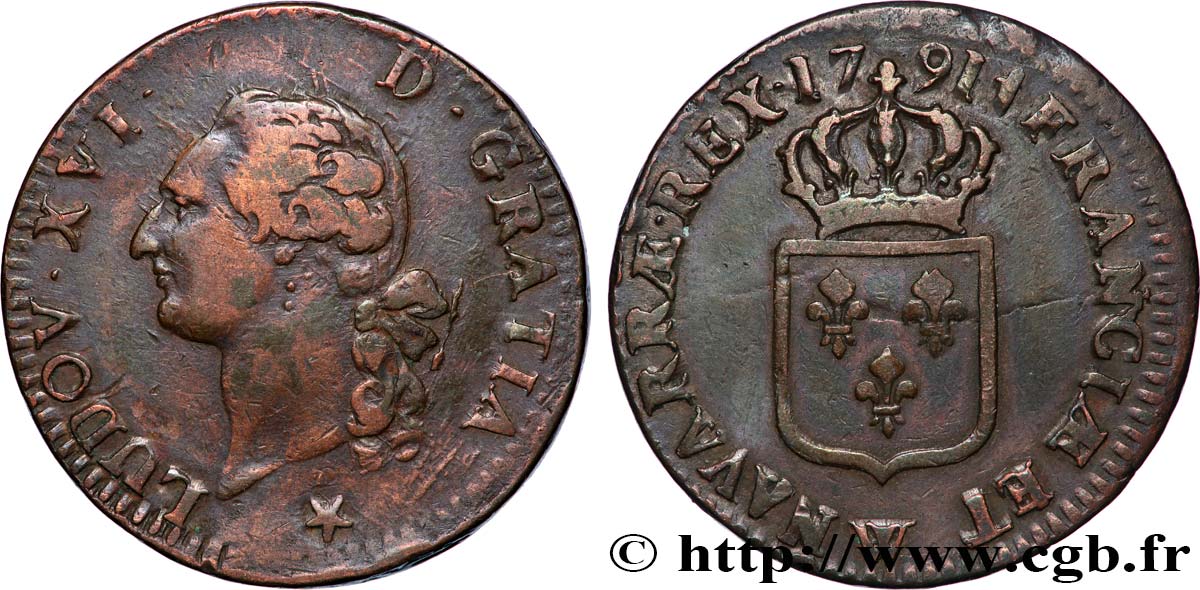 LOUIS XVI Sol dit &nbsp;à l&nbsp;écu&nbsp; 1791 Lille TTB/TB+