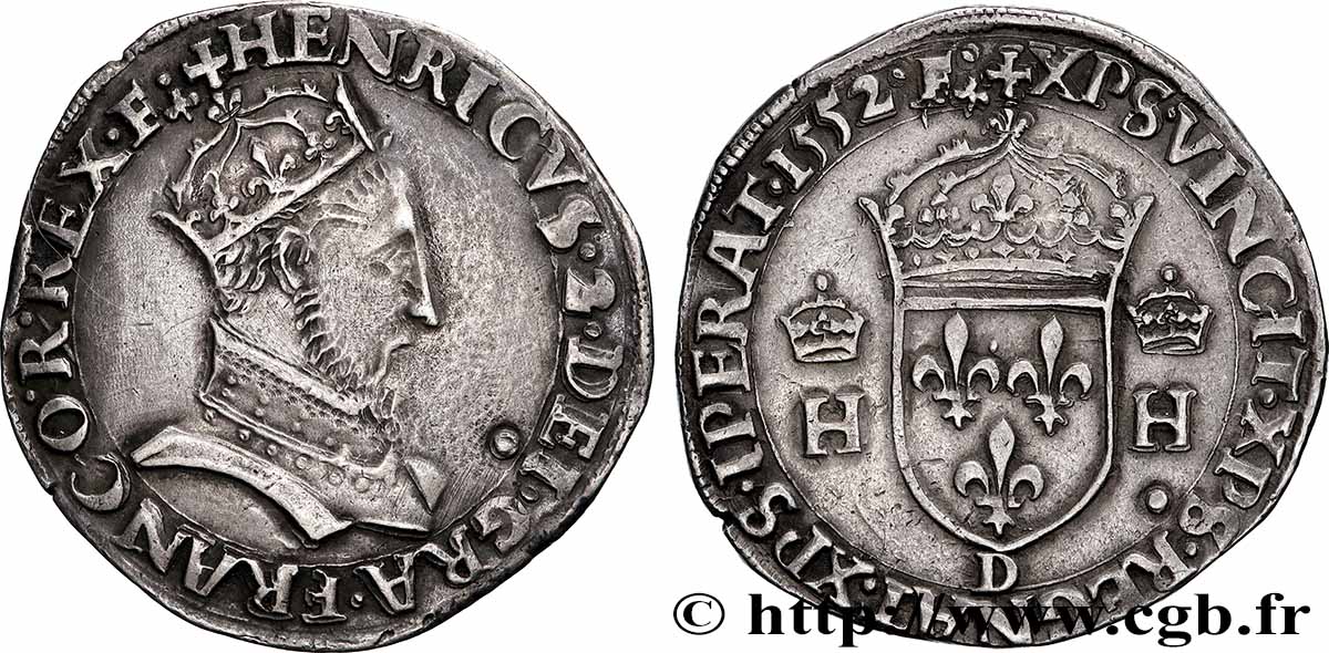 HENRY II Teston à la tête couronnée 1552 Lyon MBC+/EBC
