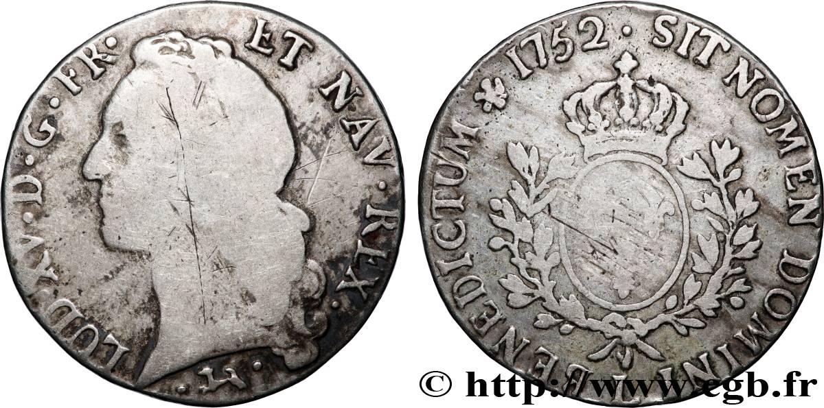 LOUIS XV DIT LE BIEN AIMÉ Écu aux branches d’olivier, tête ceinte d’un bandeau 1752 Bayonne TB