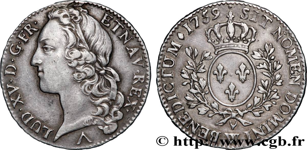 LOUIS XV DIT LE BIEN AIMÉ Demi-écu aux branches d’olivier, tête ceinte d’un bandeau 1759 Lille TTB/TTB+
