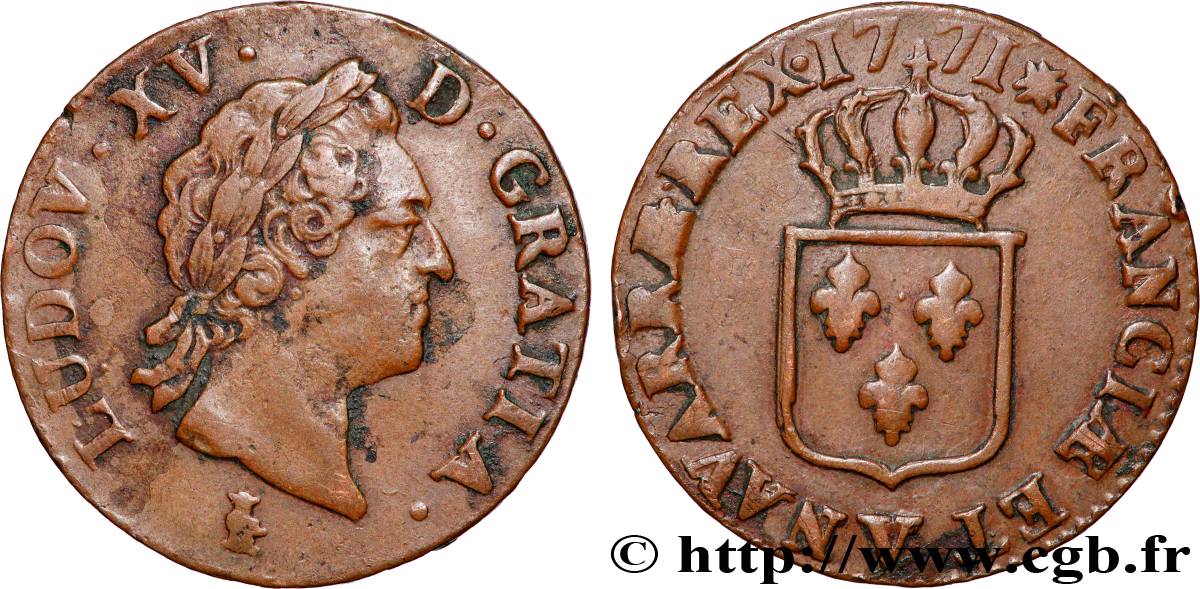 LOUIS XV DIT LE BIEN AIMÉ Sol dit &nbsp;à la vieille tête&nbsp; 1771 Troyes TTB+