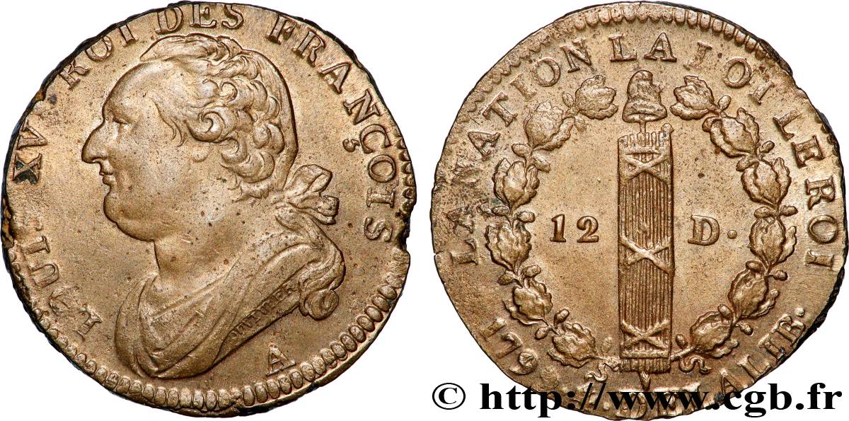 LOUIS XVI (MONARQUE CONSTITUTIONNEL)  12 deniers dit &nbsp;au faisceau&nbsp;, type FRANÇOIS 1792 Paris SUP