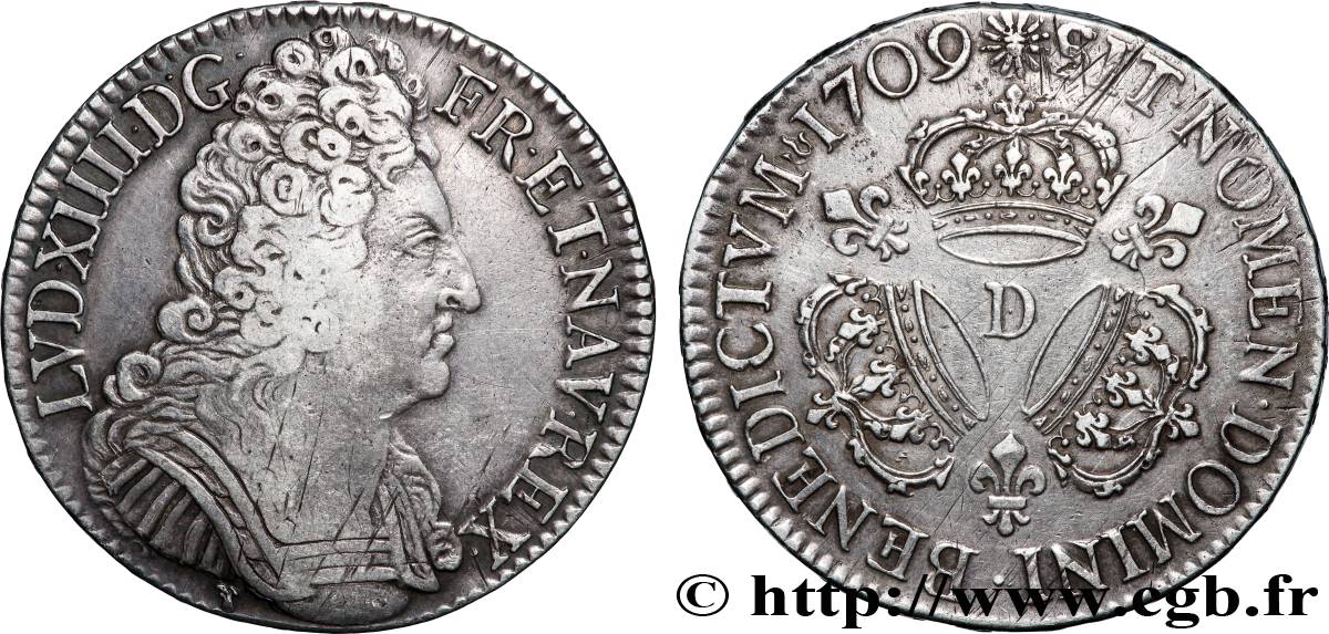 LOUIS XIV LE GRAND OU LE ROI SOLEIL Écu aux trois couronnes 1709 Lyon TTB/TTB+