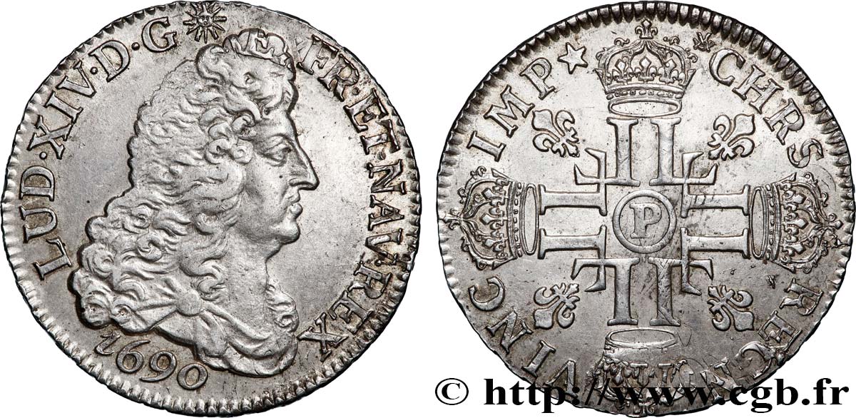 LOUIS XIV LE GRAND OU LE ROI SOLEIL Demi-écu aux huit L, 1er type 1690 Dijon SUP