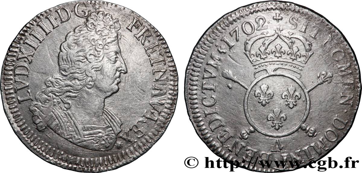 LOUIS XIV LE GRAND OU LE ROI SOLEIL Demi-écu aux insignes 1702 Paris TTB/TTB+