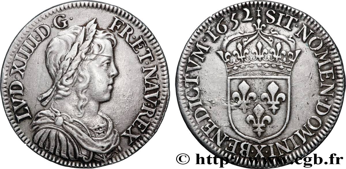 LOUIS XIV LE GRAND OU LE ROI SOLEIL Demi-écu, portrait à la mèche longue 1652 Amiens SUP/TTB+