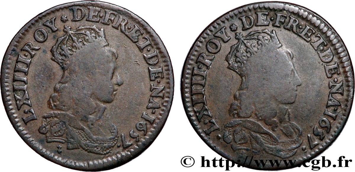 LOUIS XIV LE GRAND OU LE ROI SOLEIL Double avers du liard de cuivre 1657 Corbeil TB+