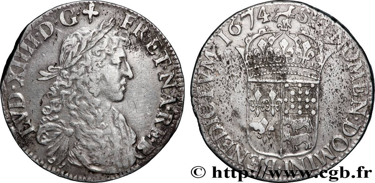 LOUIS XIV LE GRAND OU LE ROI SOLEIL Écu de Béarn, portrait apollinien 1674 Pau TTB+/TTB