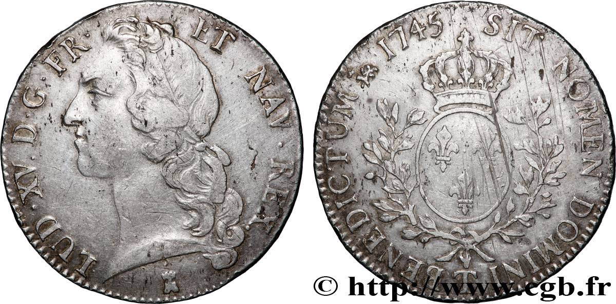 LOUIS XV DIT LE BIEN AIMÉ Écu aux branches d’olivier, tête ceinte d’un bandeau 1745 Nantes TTB