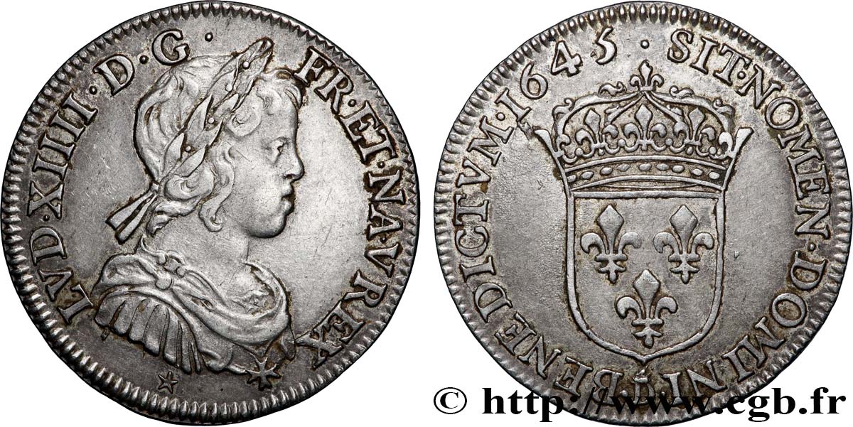 LOUIS XIV &nbsp;THE SUN KING&nbsp; Quart d&nbsp;écu, portrait à la mèche courte 1645 Lyon AU