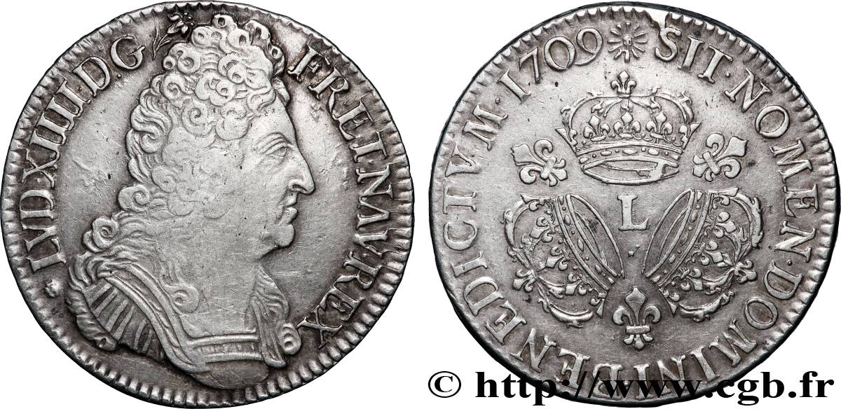 LOUIS XIV LE GRAND OU LE ROI SOLEIL Écu aux trois couronnes 1709 Bayonne TTB/SUP